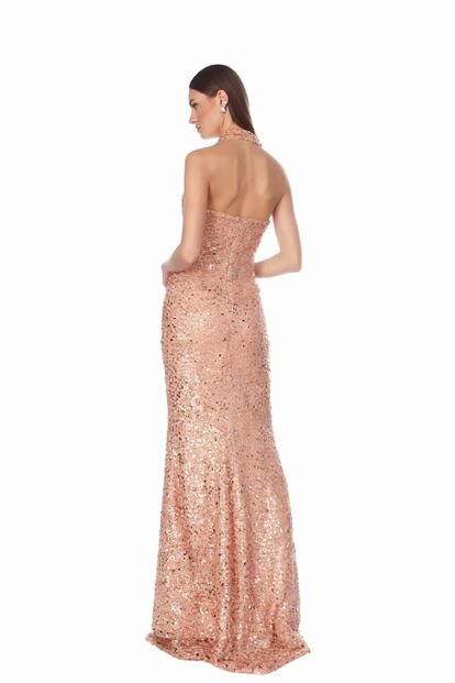 Robe de soirée scintillante rose poudré à col en V